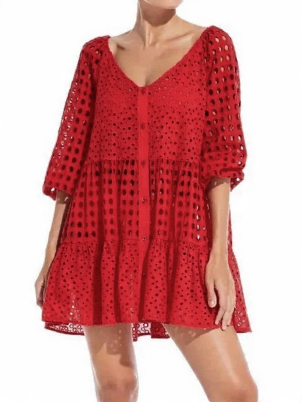 Solid & Striped Evan Eyelet Button-Front Tiered Mini Dress Coverup